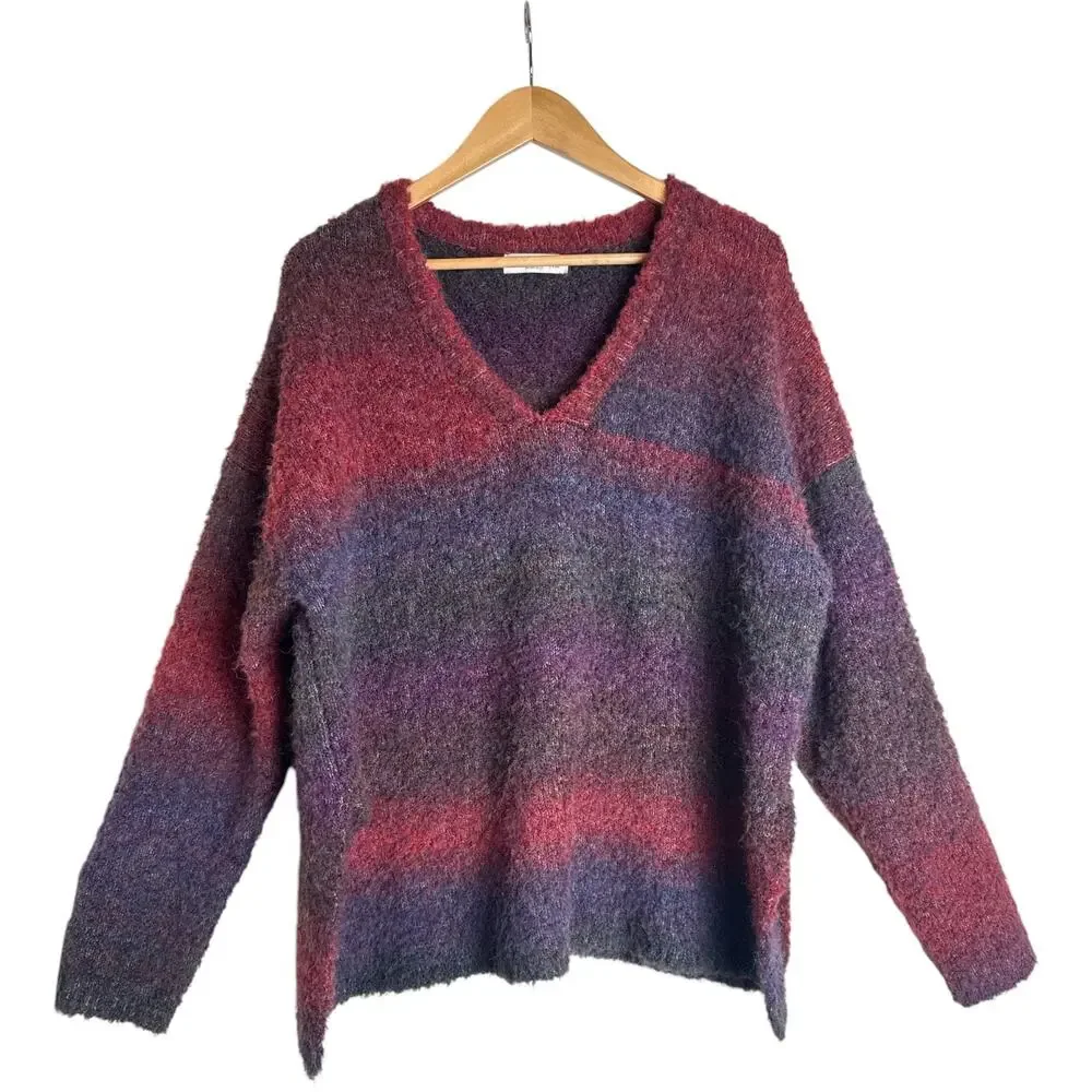 Natural Life XL Fuzzy Striped V-Neck Sweater Boho Cozy Soft Oversized